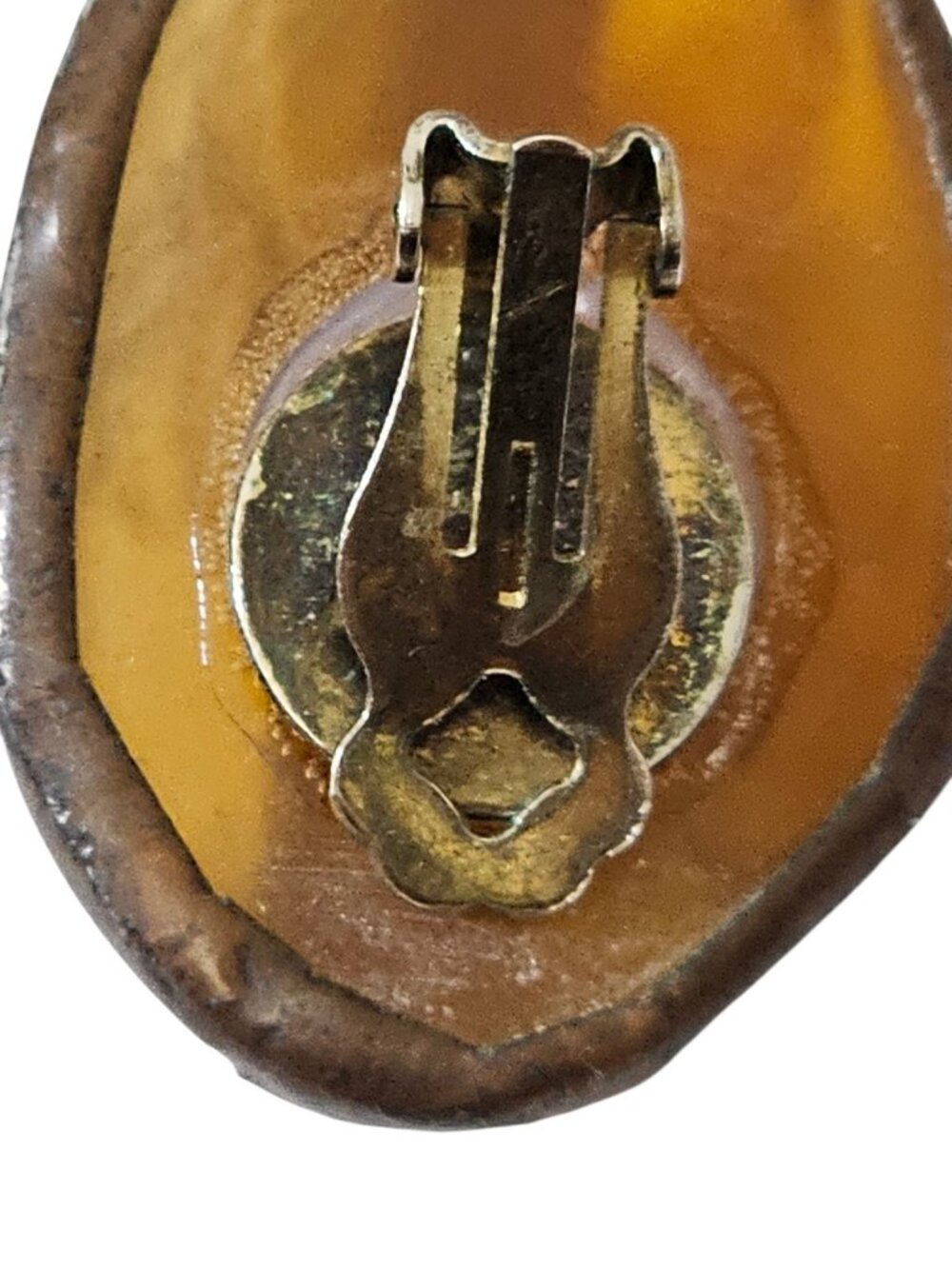 Vintage Amber Lucite Clip-On Earrings Copper Tone Rivet Industrial Style Mid-Cen - Picture 7 of 15